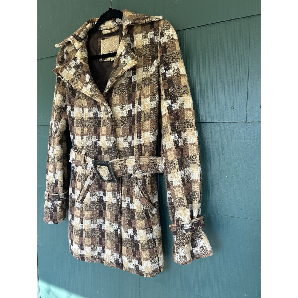Daytrip Retro 70s Geometric Plaid Coat Wool Blend Belted Small Y2K Earth Tones
